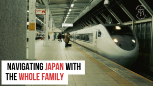 Passengers wait beside a sleek white bullet train at a well-lit Japanese train station, with a bold overlay text reading “Navigating Japan with the Whole Family”; designed for Mocha Travel's family travel content.
