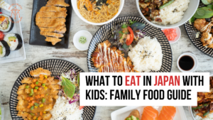 A colorful flat lay of Japanese family-friendly dishes including sushi rolls, katsu curry, ramen, karaage, and rice bowls, with the title “What to Eat in Japan With Kids: Family Food Guide” and the Mocha Travel logo in the top left.