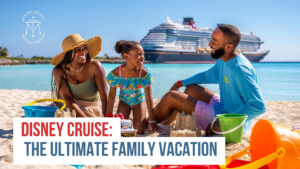 A smiling Black family builds sandcastles together on a sunny beach with a Disney Cruise ship in the background, promoting Disney Cruise as the ultimate family vacation with Mocha Travel.