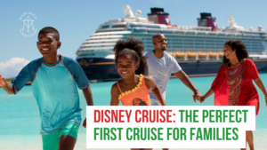 A smiling family of four walks hand-in-hand along a tropical beach with clear turquoise water. A Disney Cruise Line ship is docked in the background.